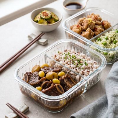 1+1 디유 템바보드 내열유리 반찬통 2칸3칸 밀폐 뚜껑 찬기 나눔 접시 세트 전자레인지 가능 용기 640ml, 1개, 유리반찬통_640ml+640ml