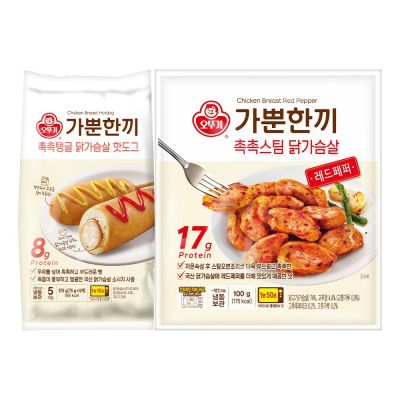 오뚜기 가뿐한끼 촉촉탱글 닭가슴살 핫도그(75gx5) 1개+촉촉스팀 닭가슴살 레드페퍼 100g 5개