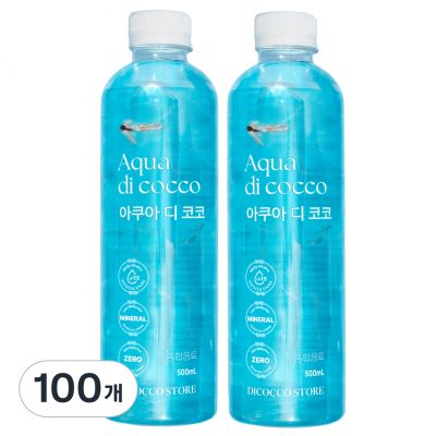 아쿠아디코코 pH 7.5 약 알칼리성 물 미네랄 워터 미세플라스틱 없는 깨끗하고 안전한 프리미엄 최고급 물 (FDA 할랄 인증, 칼슘 칼륨 규소 마그네슘 함유), 100개, 500ml