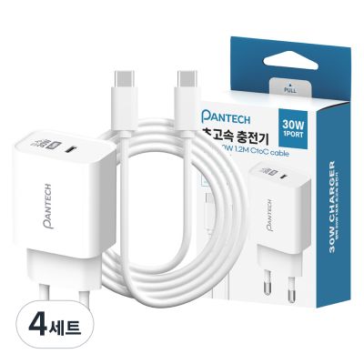 팬택 30W 1포트 초고속충전기 + 60W 1.2m C to C 케이블 세트, 화이트, 4세트