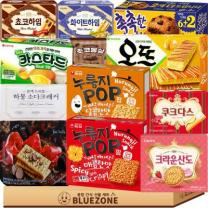 [블루존] 사무실 과자 세트 10종(+1) 탕비실간식 (누룽지 달콤한맛 매콤한맛 하몽크래커 초코하임 화이트하임 쿠크다스 촉촉한초코칩 카스타드 마가렛트 오뜨치즈 크라운산도 초코몽실), 1개