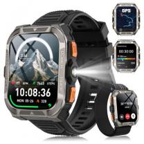 IOWODO W80 Pro 아웃도어 스마트워치 1.91" 대형 터치 스크린 내장 GPS 나침반 통화 가능 메시지 알림 LED 손전등 블루투스 스마트워치 IP68 방수, 검은색, 4.6cm, GPS + 블루투스